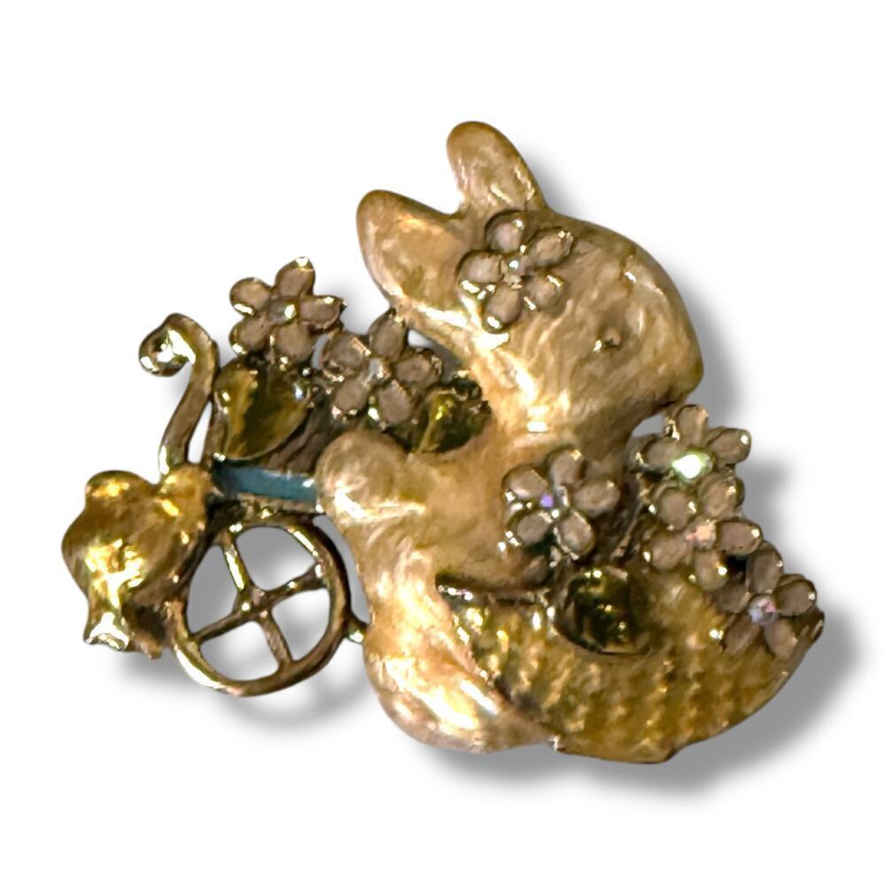 Vintage Bunny and Chick Floral Easter Brooch Gold Tone Enamel Rhinestone Pin